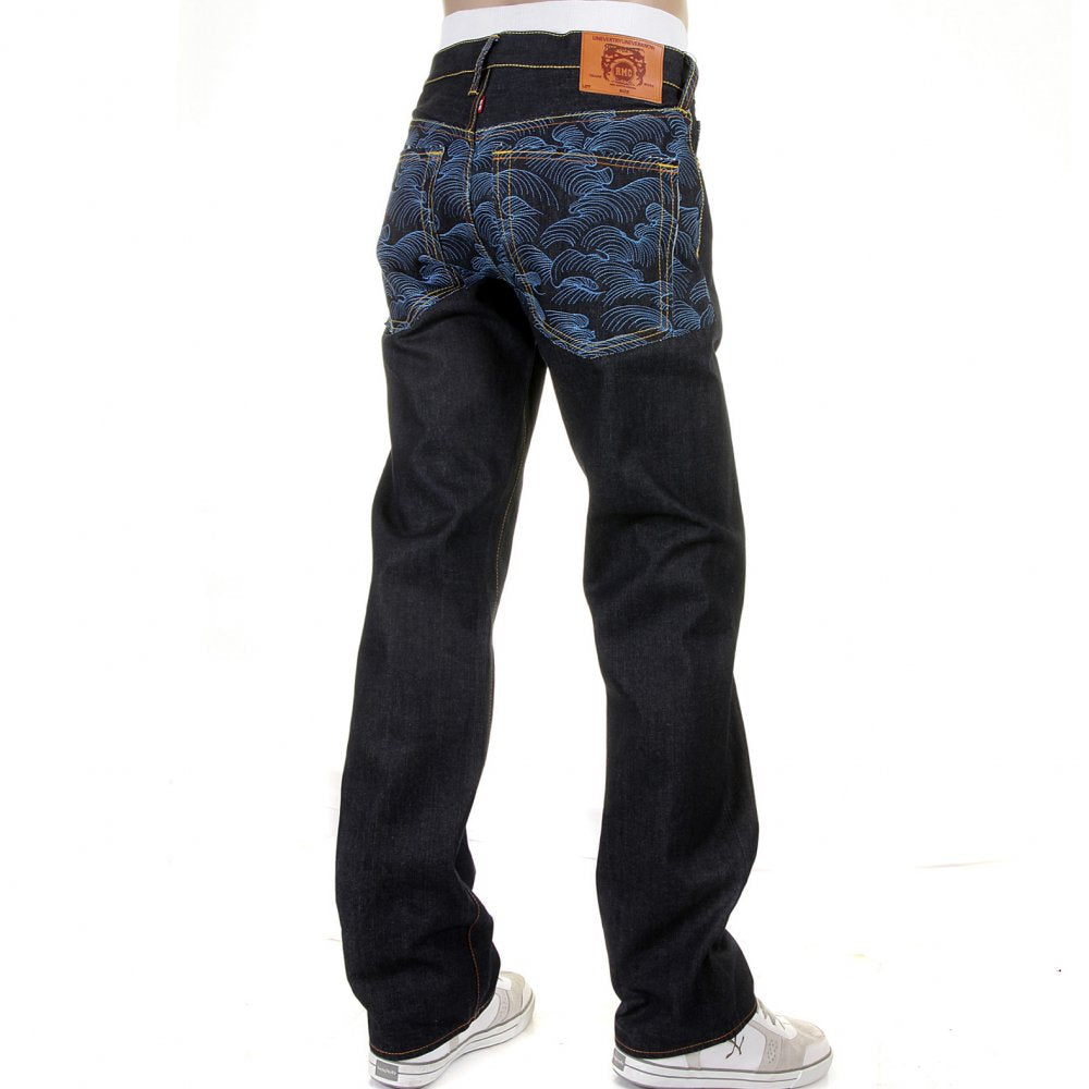 Genuine Dark Indigo Vintage Cut Raw Denim with Full Back Blue Tsunami Wave Embroidery