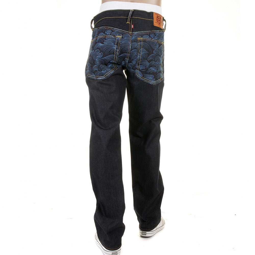 Genuine Dark Indigo Vintage Cut Raw Denim with Full Back Blue Tsunami Wave Embroidery