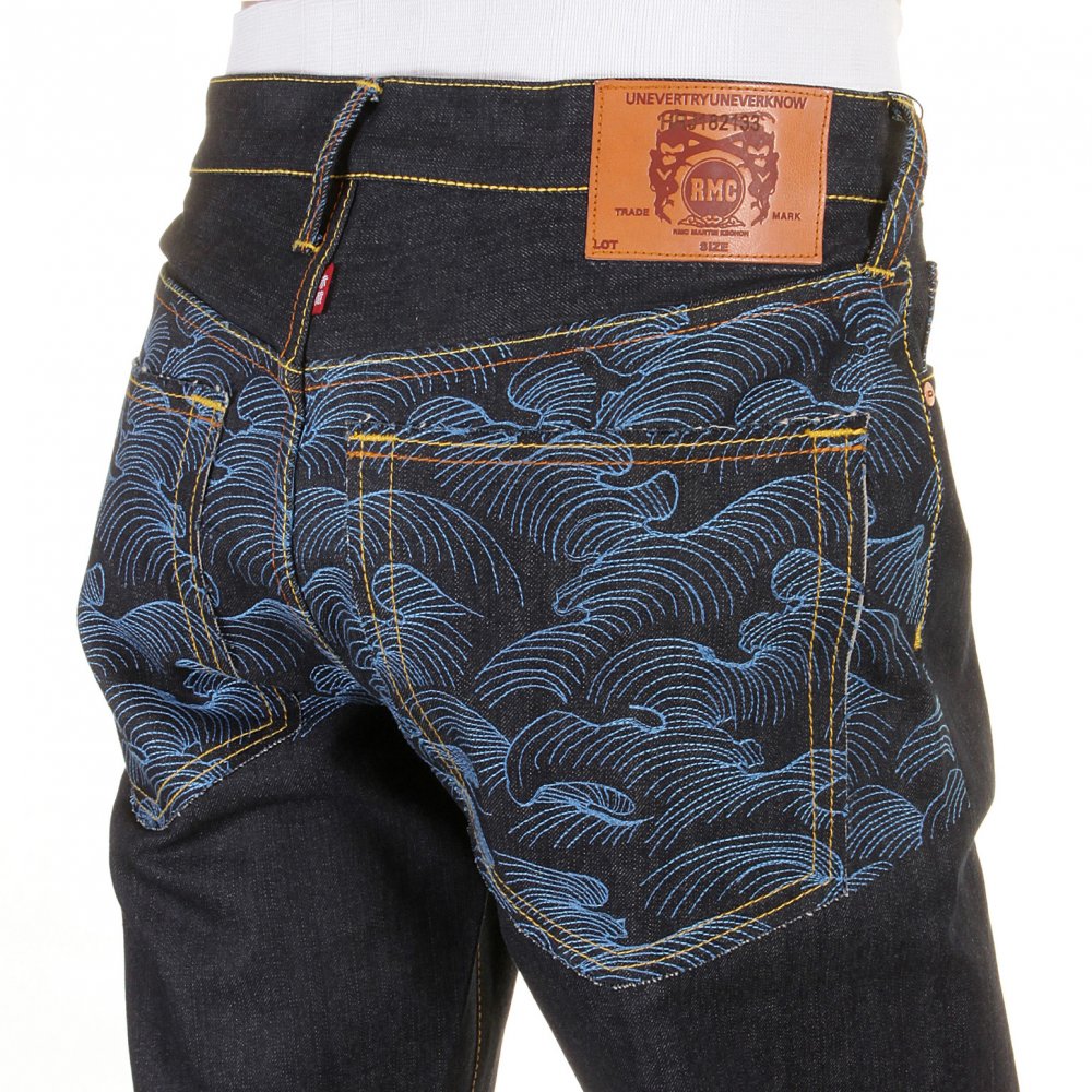 Genuine Dark Indigo Vintage Cut Raw Denim with Full Back Blue Tsunami Wave Embroidery