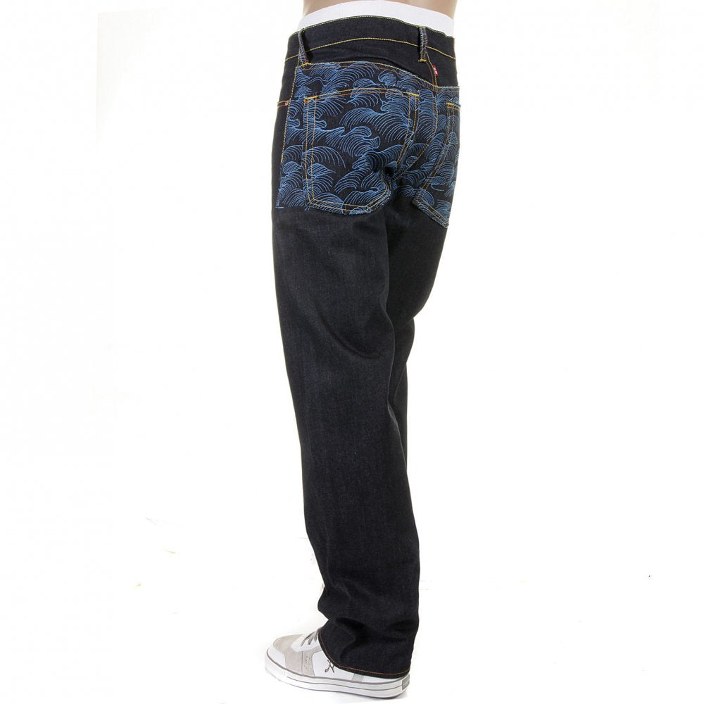 Genuine Dark Indigo Vintage Cut Raw Denim with Full Back Blue Tsunami Wave Embroidery