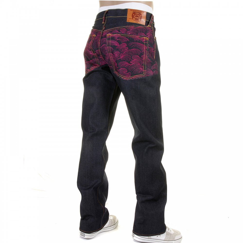 Genuine Dark Indigo Vintage Cut Raw Denim with Full Back Fuchsia Tsunami Wave Embroidery