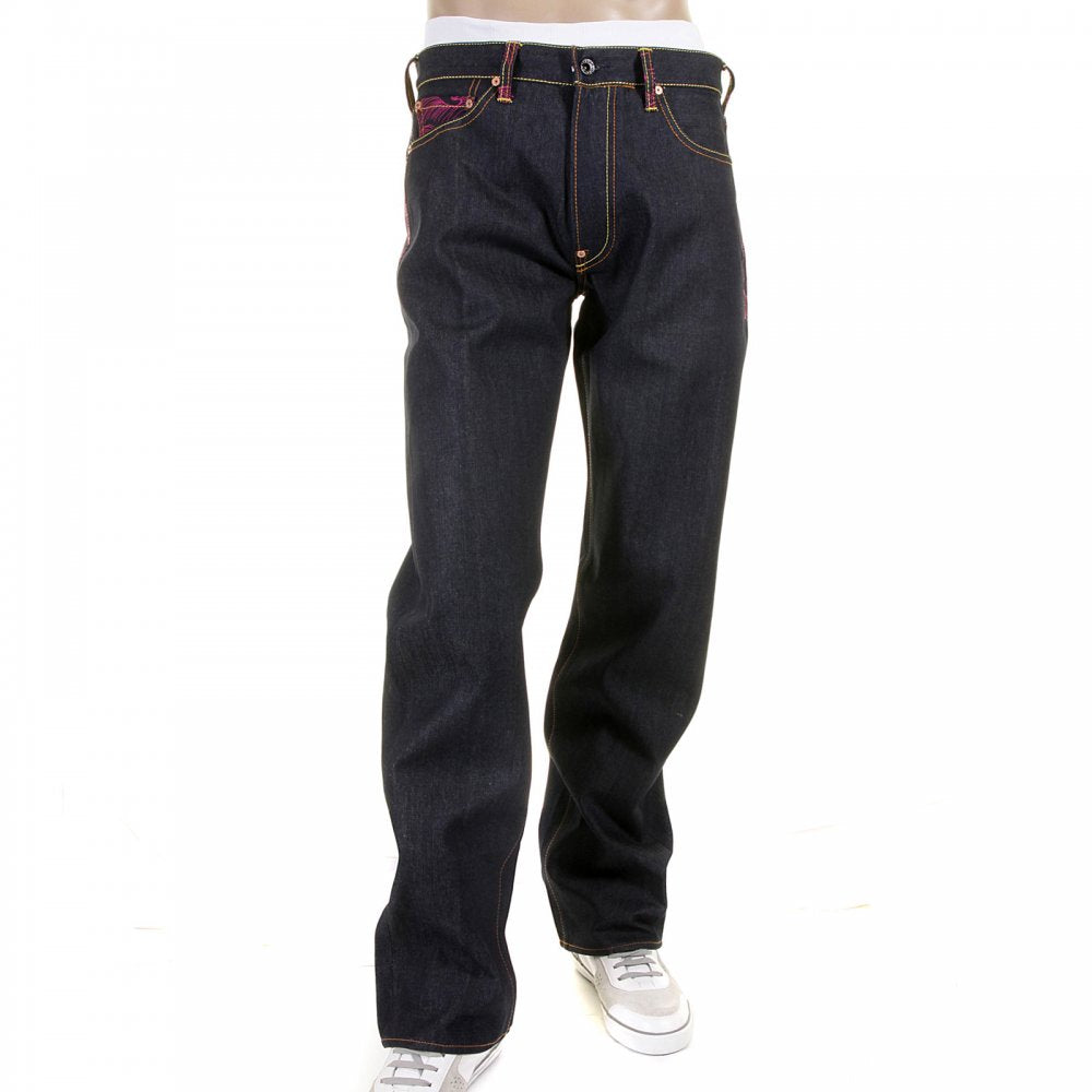 Genuine Dark Indigo Vintage Cut Raw Denim with Full Back Fuchsia Tsunami Wave Embroidery