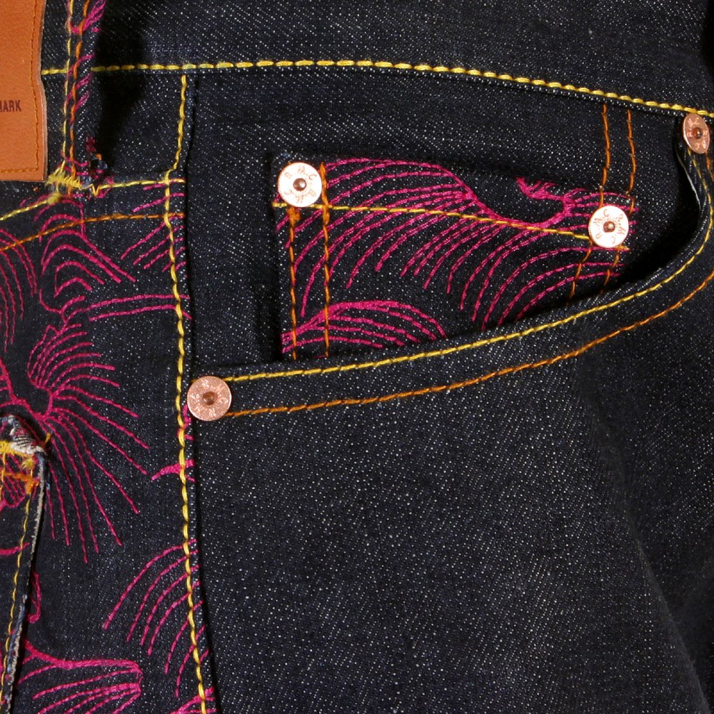 Genuine Dark Indigo Vintage Cut Raw Denim with Full Back Fuchsia Tsunami Wave Embroidery