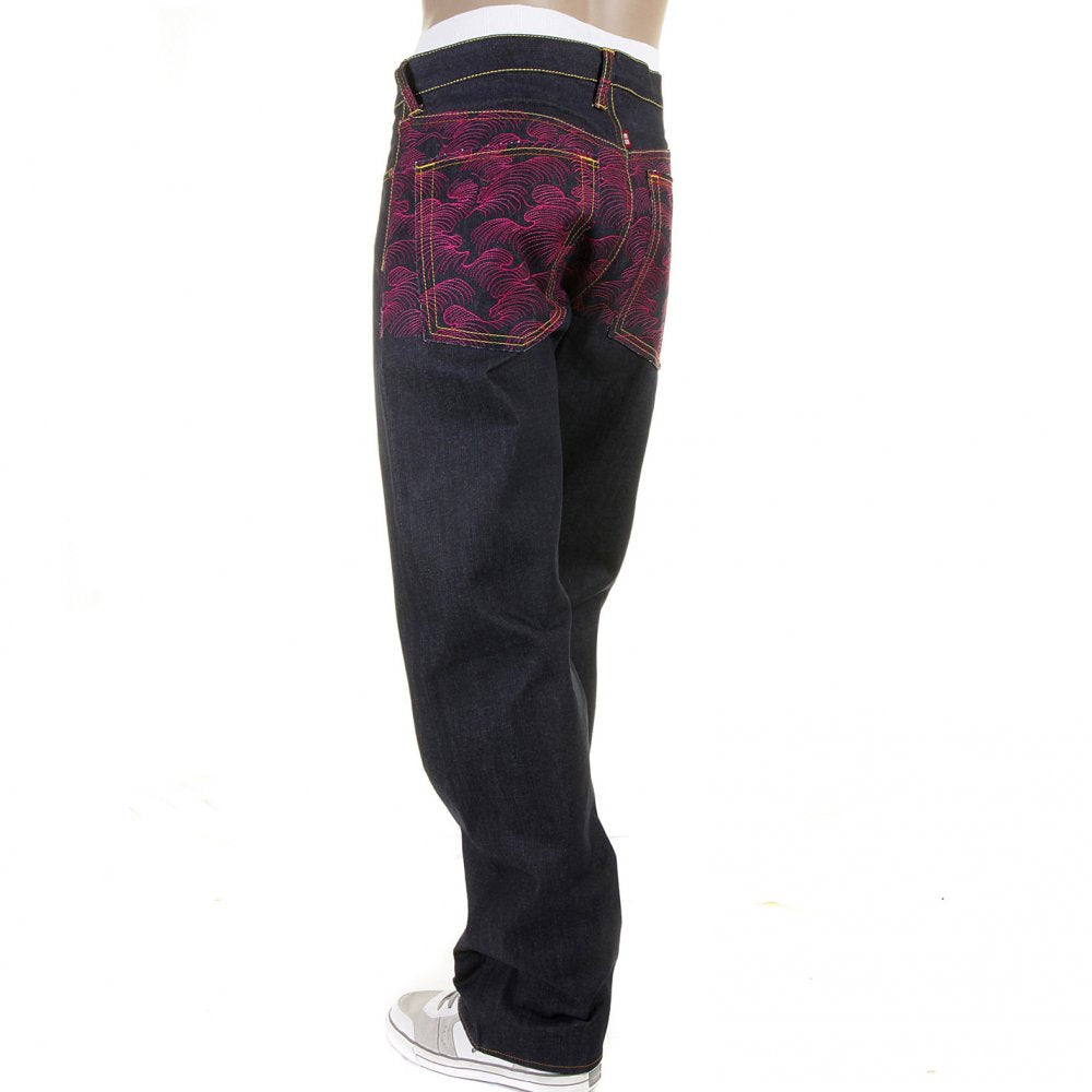 Genuine Dark Indigo Vintage Cut Raw Denim with Full Back Fuchsia Tsunami Wave Embroidery