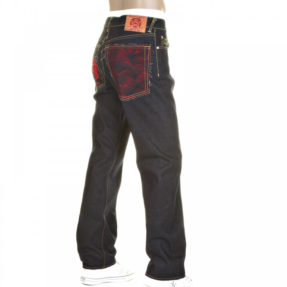 Slim Cut Selvedge Dark Indigo Raw Denim Jean with Red Logo