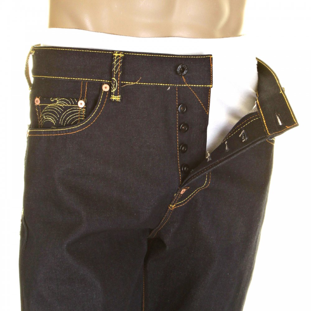 Slim Cut Selvedge Dark Indigo Raw Denim Jean with Red Logo