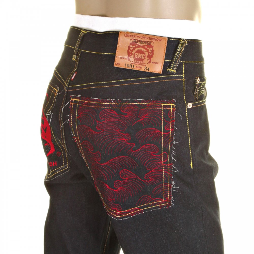 Slim Cut Selvedge Dark Indigo Raw Denim Jean with Red Logo