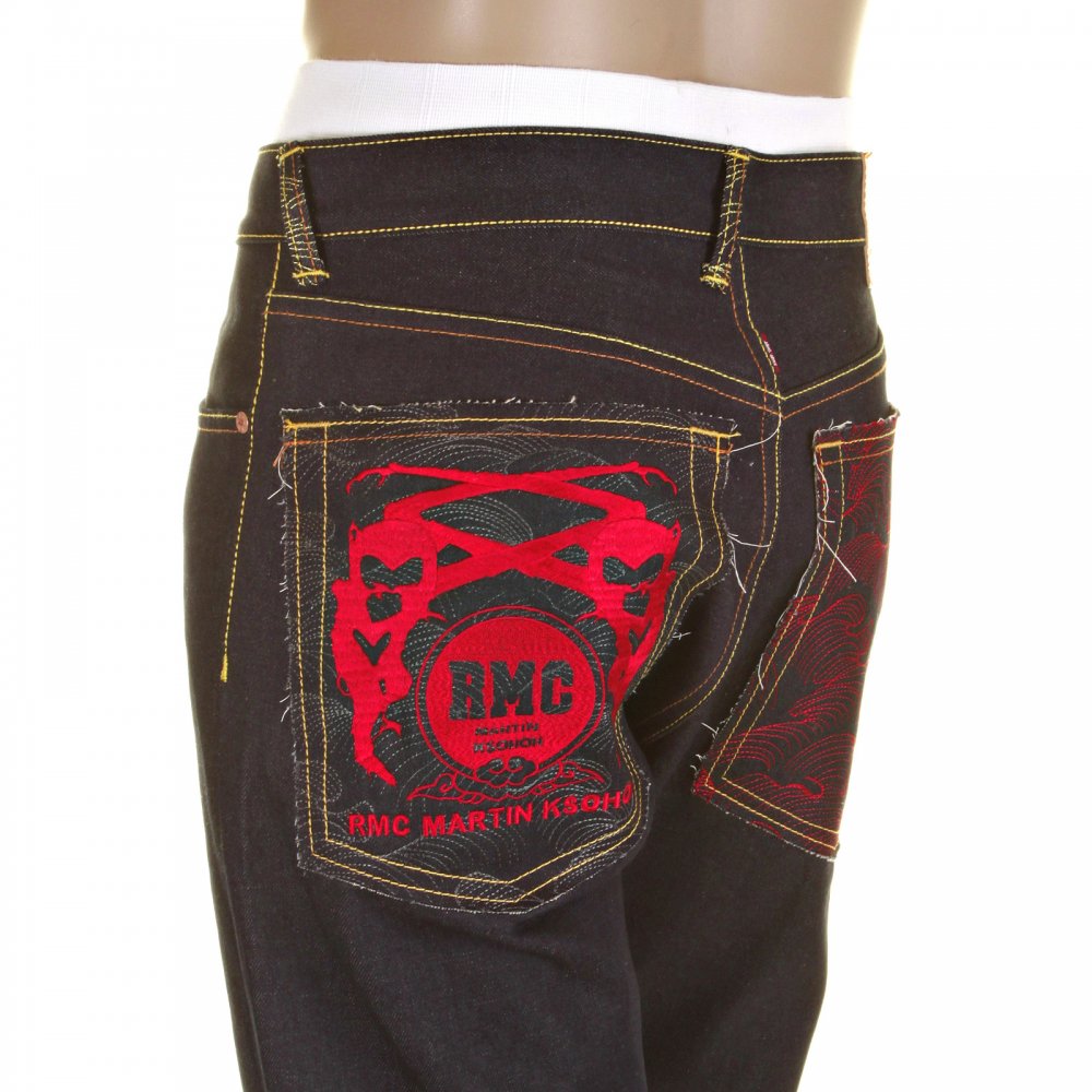 Slim Cut Selvedge Dark Indigo Raw Denim Jean with Red Logo