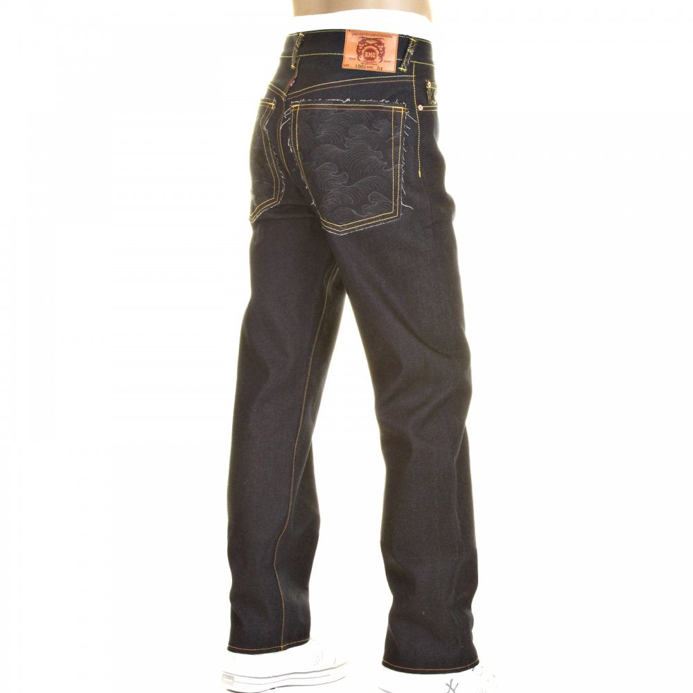 Slim Cut Super Exclusive Design Dark Indigo Raw Denim Jean with Charcoal Logo