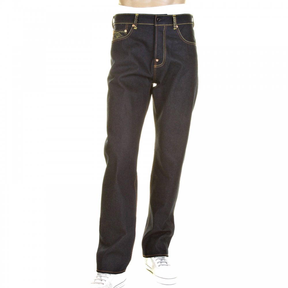 Slim Cut Super Exclusive Design Dark Indigo Raw Denim Jean with Charcoal Logo