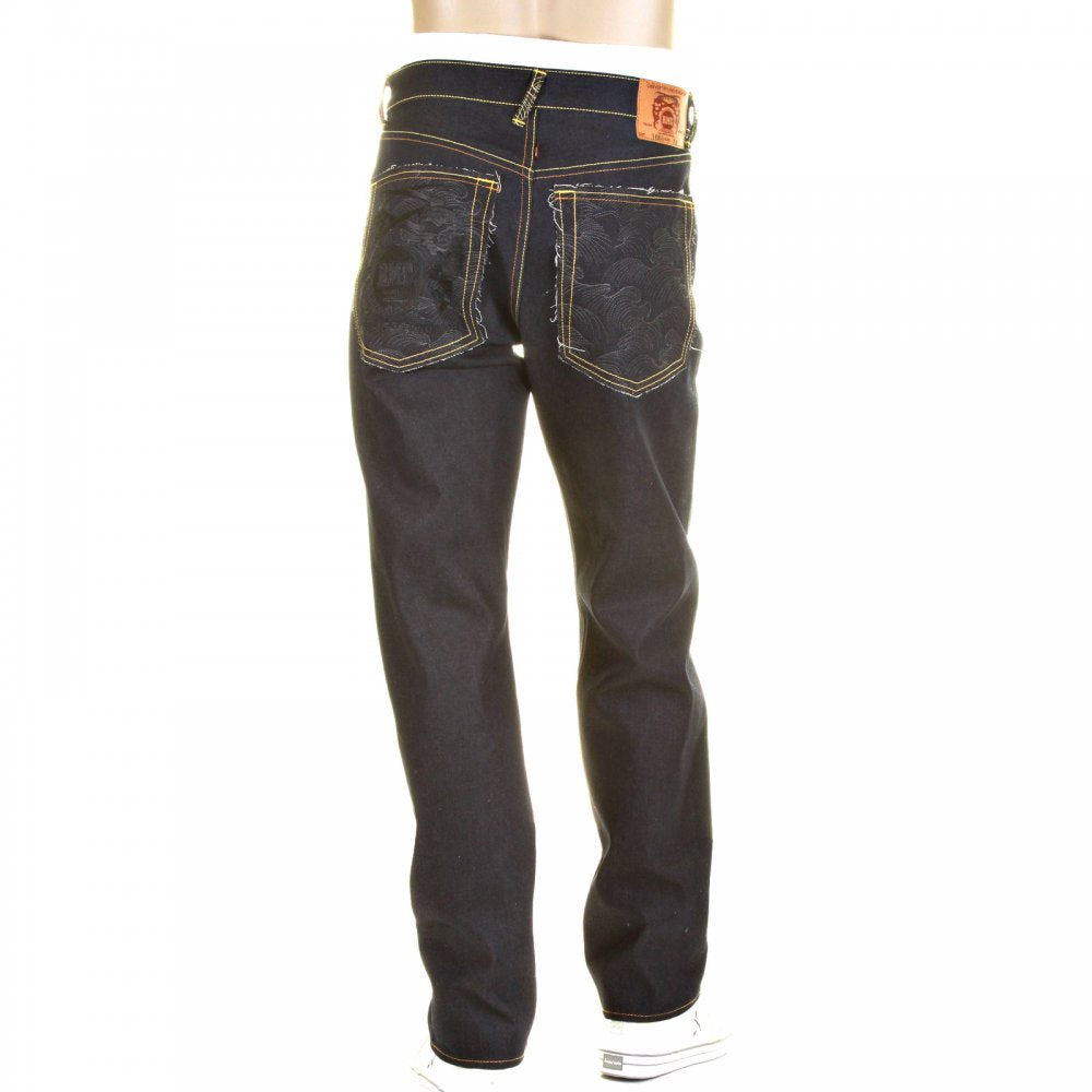 Slim Cut Super Exclusive Design Dark Indigo Raw Denim Jean with Charcoal Logo