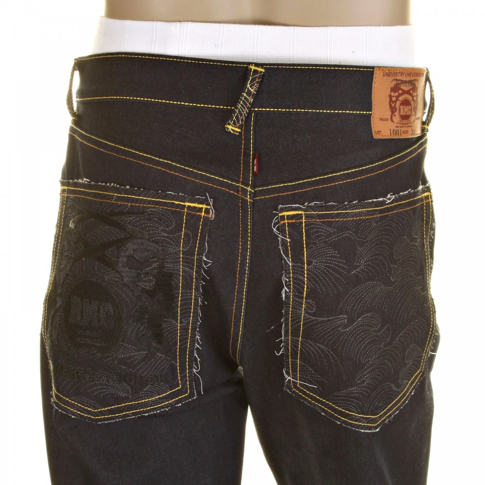 Slim Cut Super Exclusive Design Dark Indigo Raw Denim Jean with Charcoal Logo