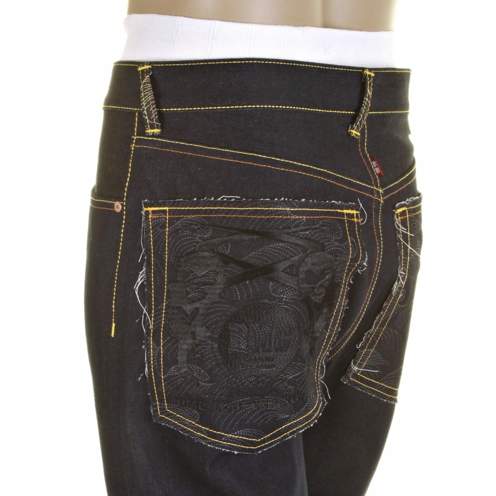 Slim Cut Super Exclusive Design Dark Indigo Raw Denim Jean with Charcoal Logo