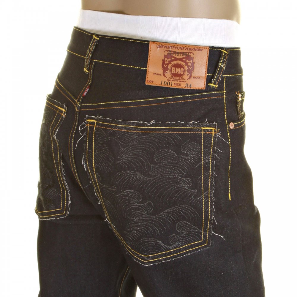 Slim Cut Super Exclusive Design Dark Indigo Raw Denim Jean with Charcoal Logo