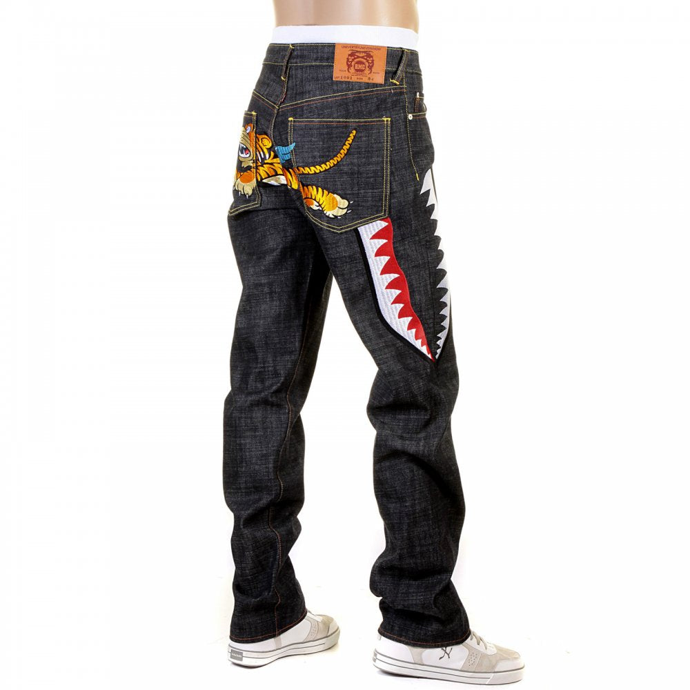 Flying Tiger Slimmer Cut Mens Black Selvedge Raw Denim Jeans