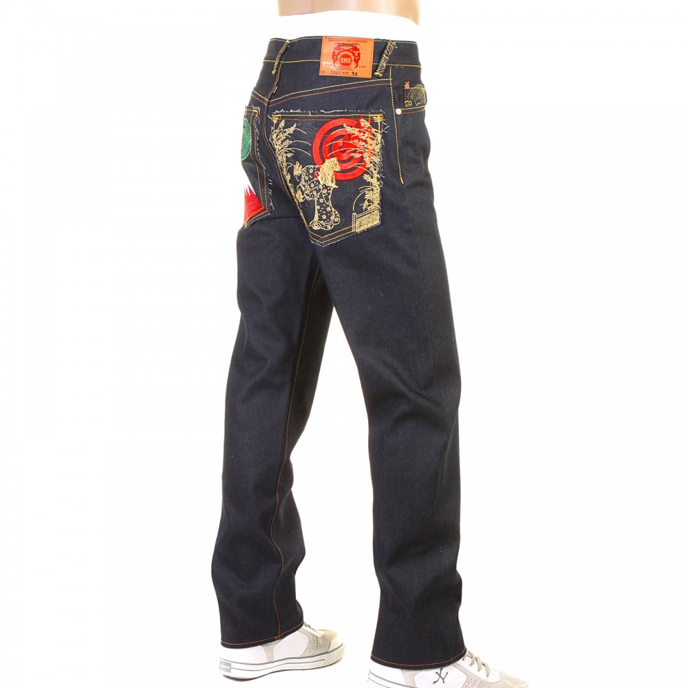 Slimmer Cut Mens Dark Indigo Raw Denim Jeans with Super Exclusive design with Japanese Art