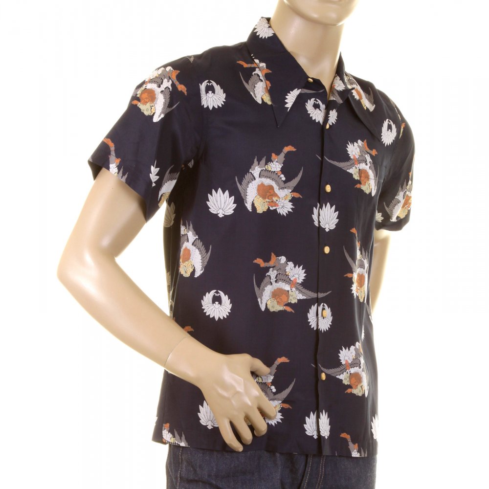 Mens Short Sleeve Regular Fit Shirt with Human Head Bird Body Print