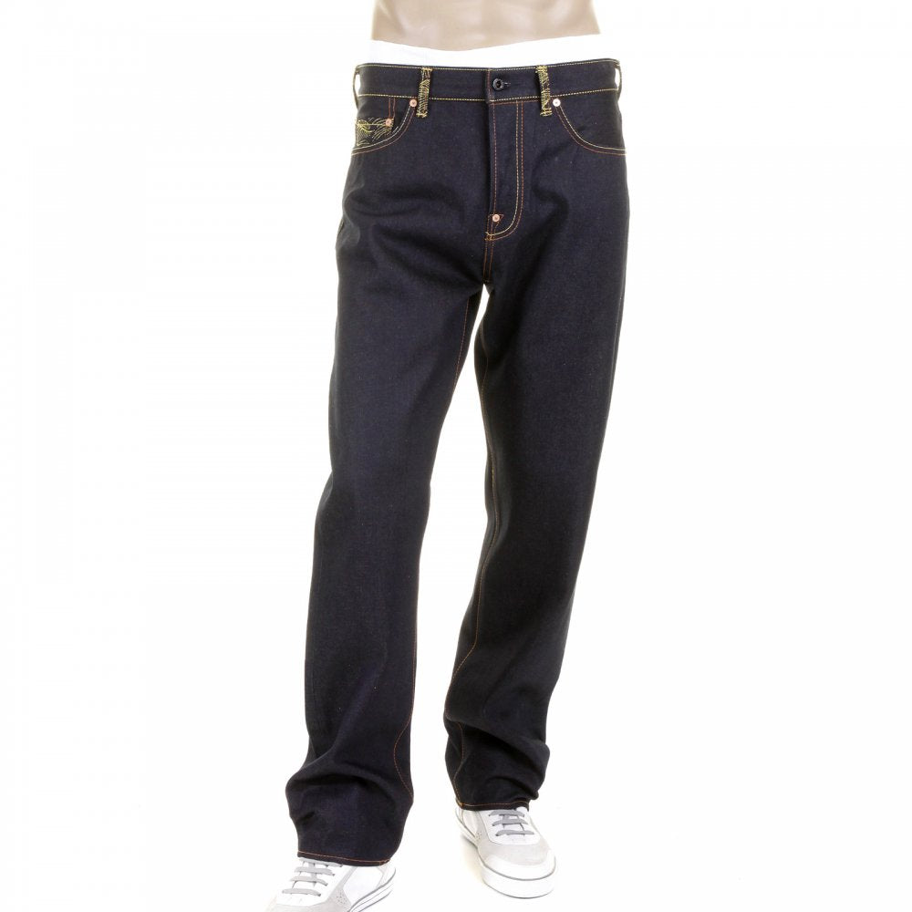 Dark Indigo Raw Denim Jeans with Gold Embroidered Cyber Monkey