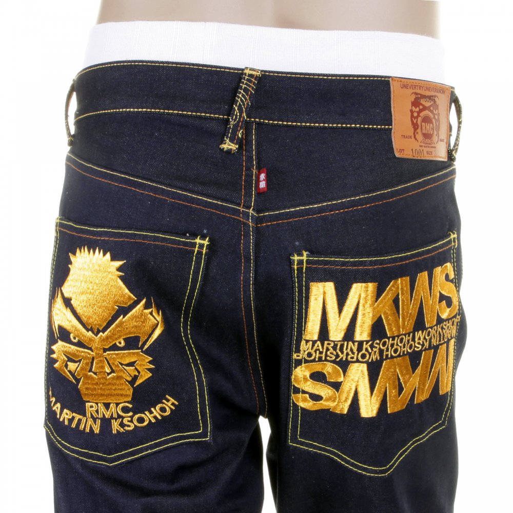 Dark Indigo Raw Denim Jeans with Gold Embroidered Cyber Monkey