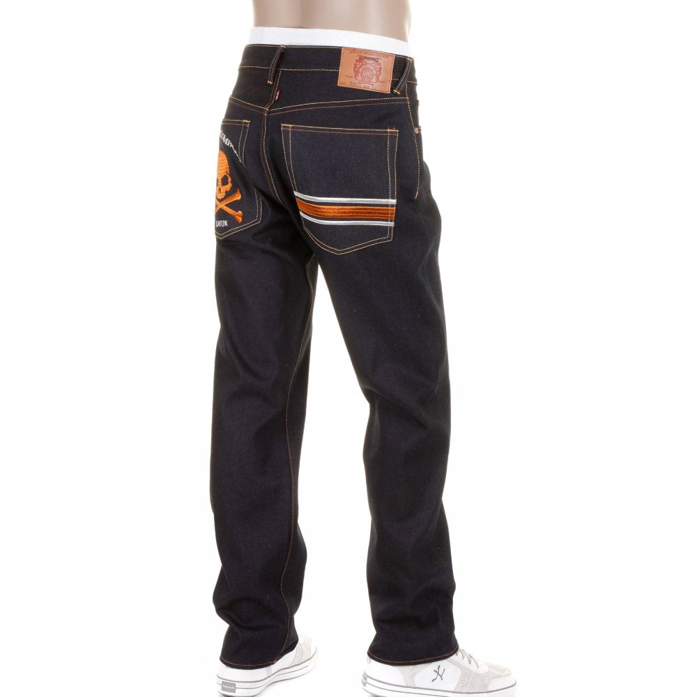 Slimmer Cut Selvedge Dark Indigo Raw Denim Jeans with Embroidered Skull