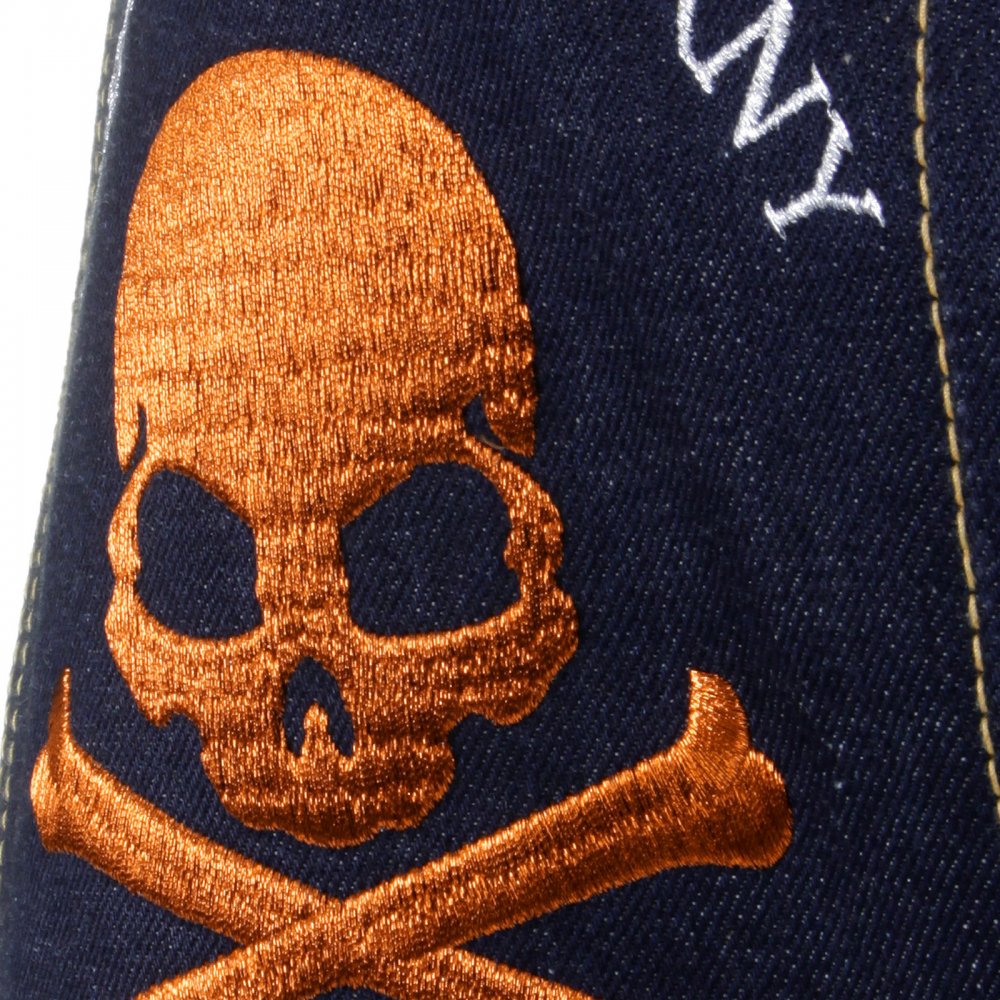 Slimmer Cut Selvedge Dark Indigo Raw Denim Jeans with Embroidered Skull