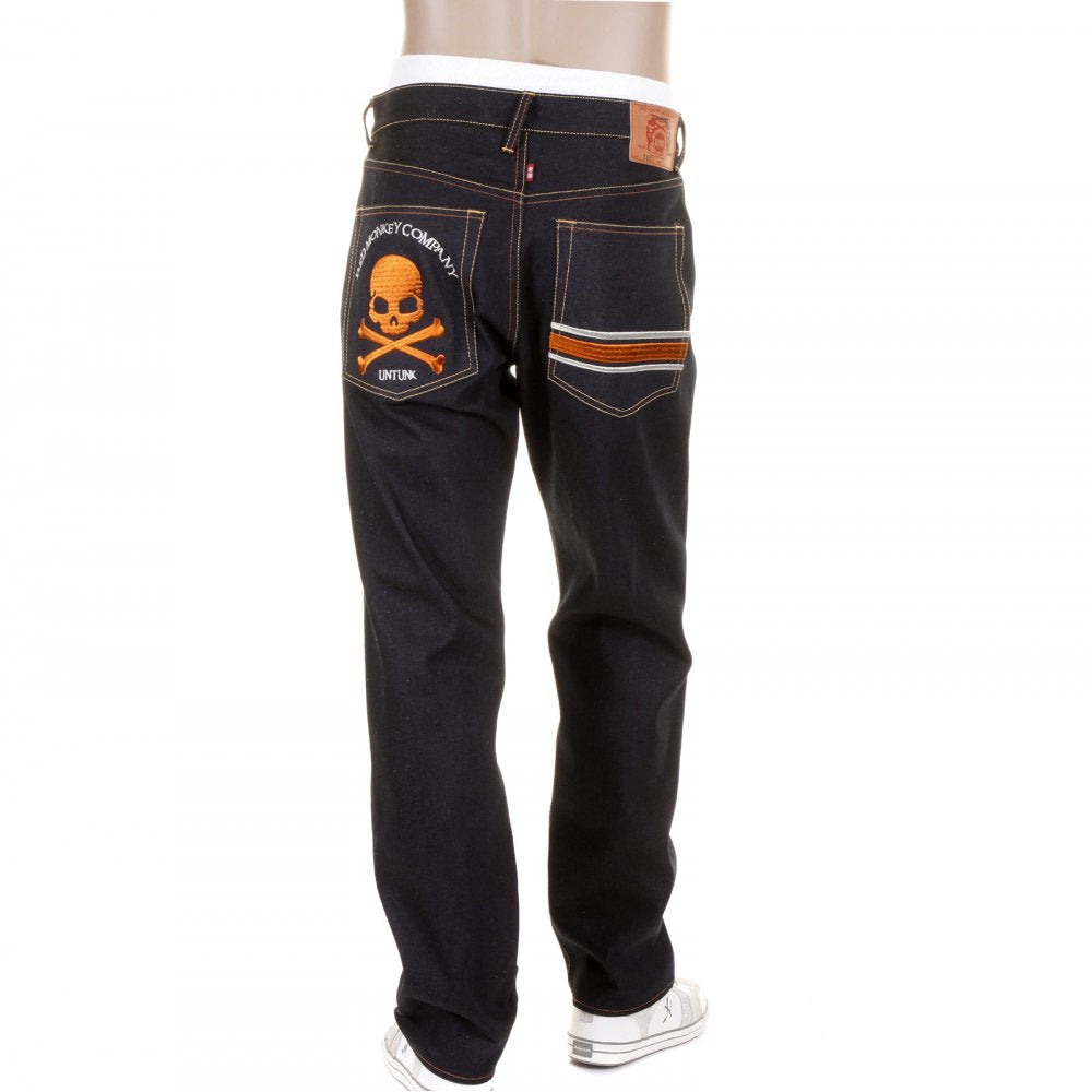 Slimmer Cut Selvedge Dark Indigo Raw Denim Jeans with Embroidered Skull