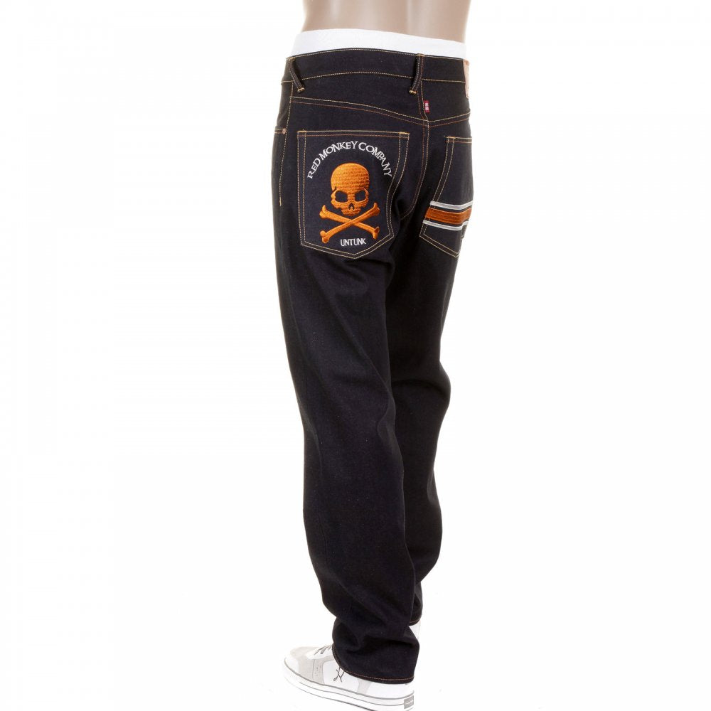 Slimmer Cut Selvedge Dark Indigo Raw Denim Jeans with Embroidered Skull