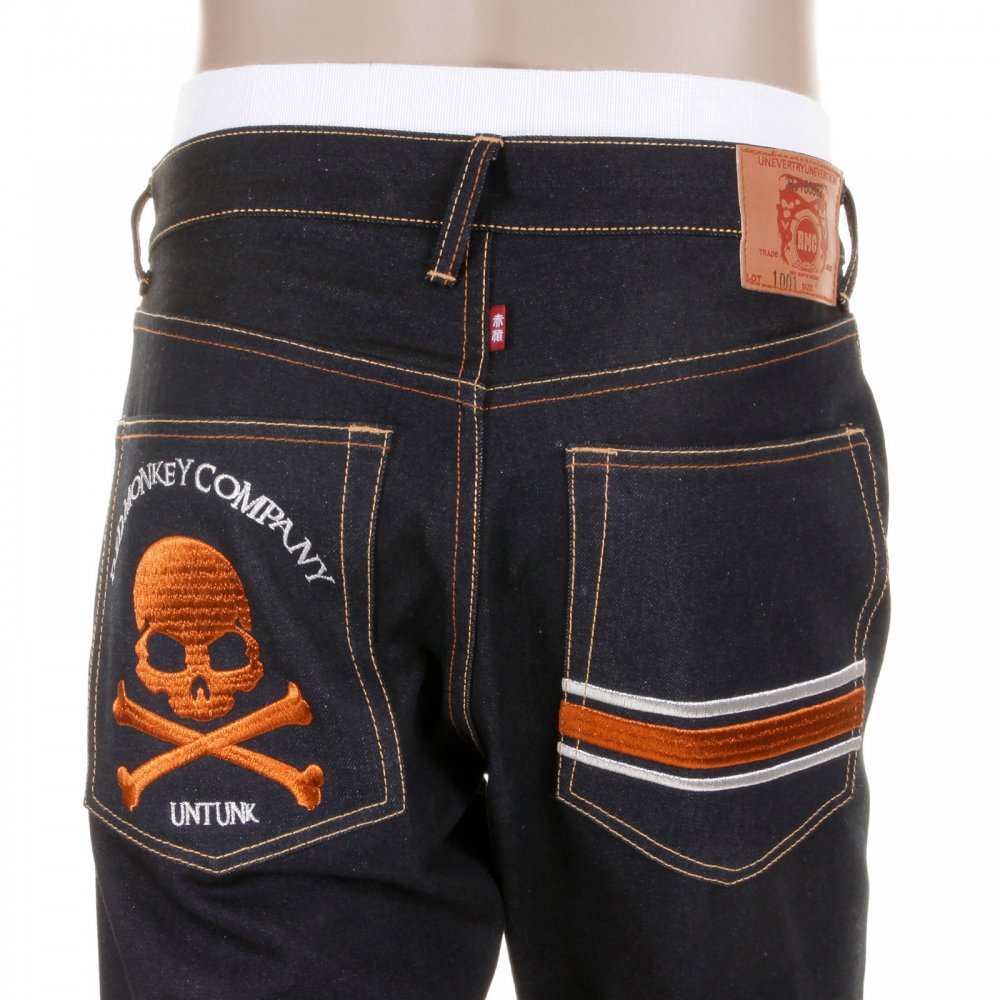 Slimmer Cut Selvedge Dark Indigo Raw Denim Jeans with Embroidered Skull
