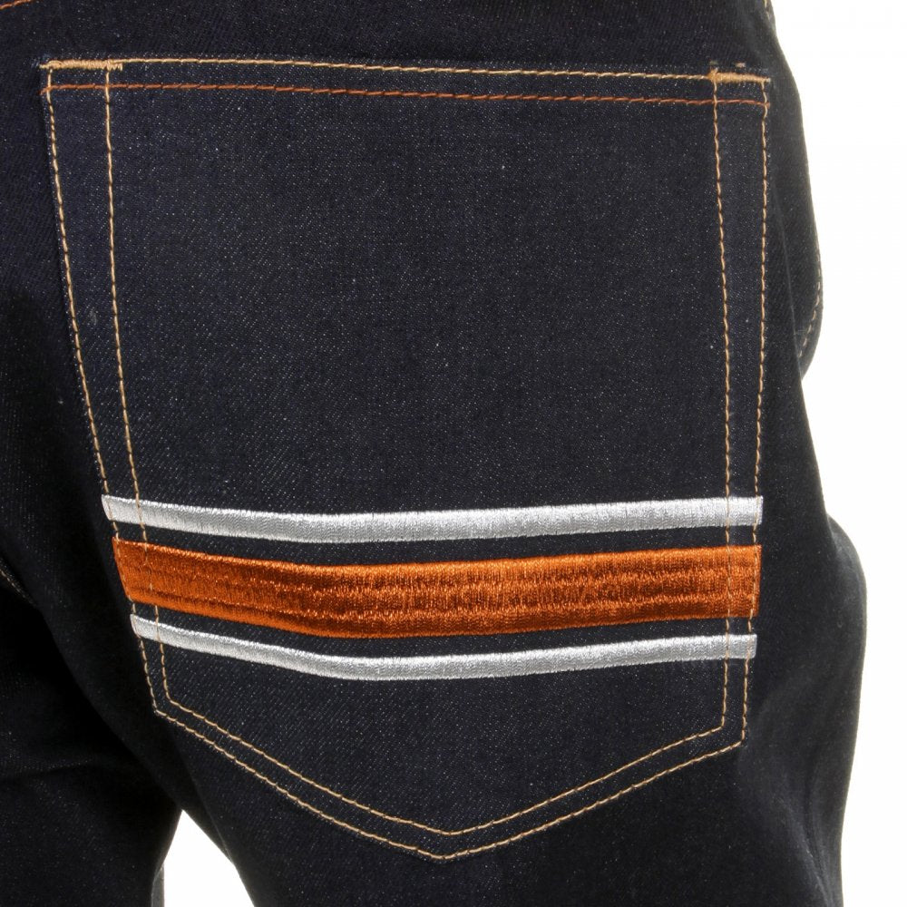 Slimmer Cut Selvedge Dark Indigo Raw Denim Jeans with Embroidered Skull