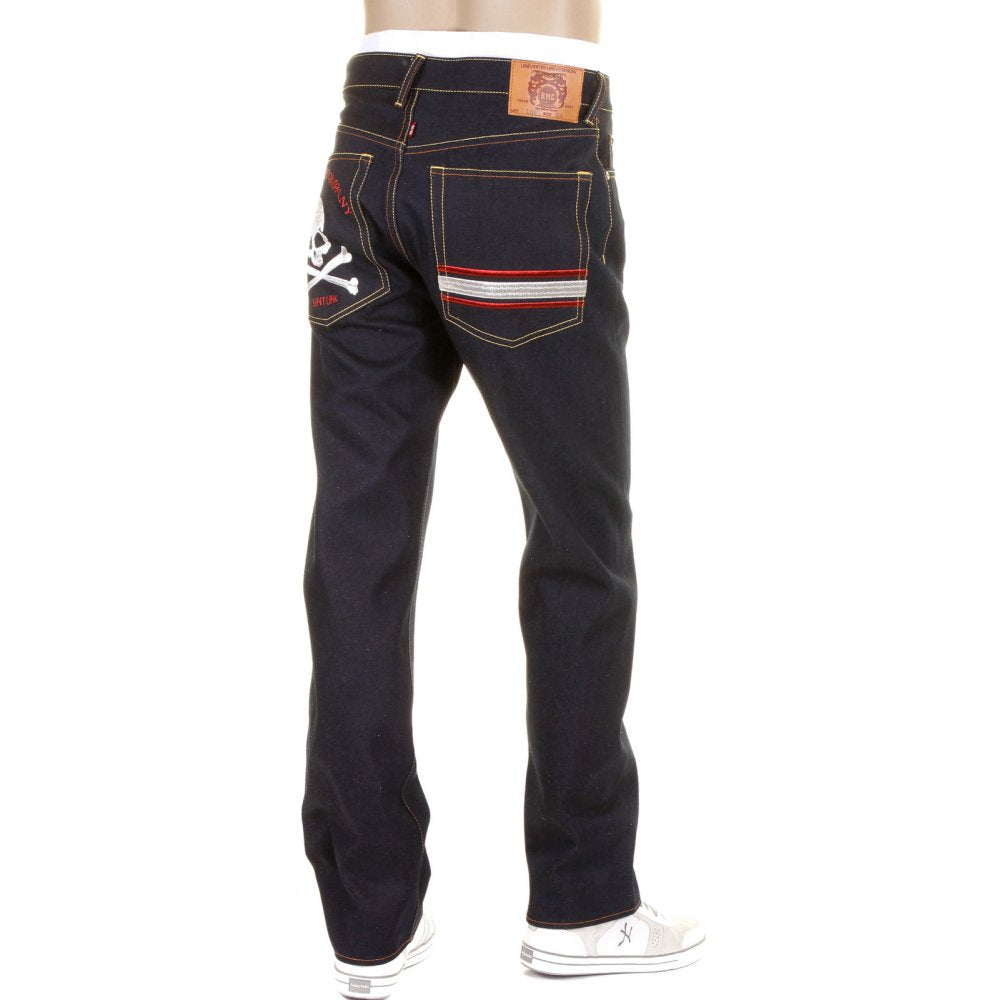 Mens Slim Cut Dark Indigo Raw Denim Jeans with Silver Skull and Crossbones