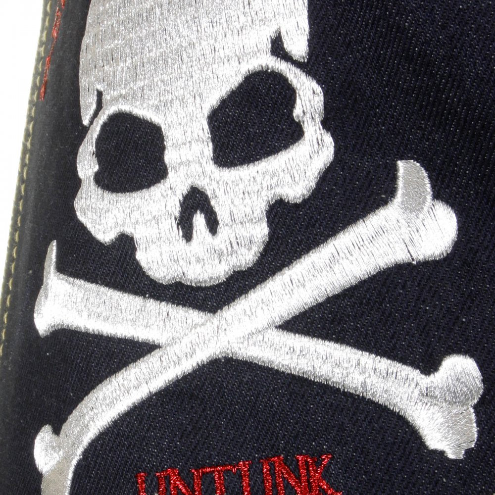 Mens Slim Cut Dark Indigo Raw Denim Jeans with Silver Skull and Crossbones