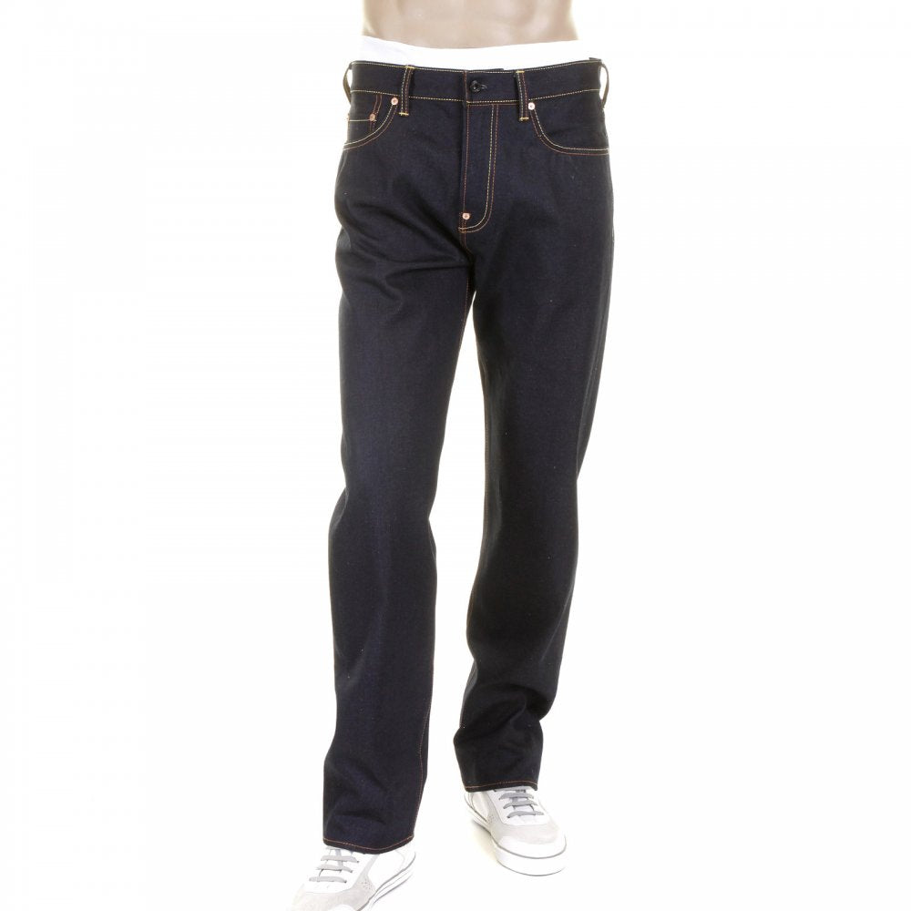 Mens Slim Cut Dark Indigo Raw Denim Jeans with Silver Skull and Crossbones