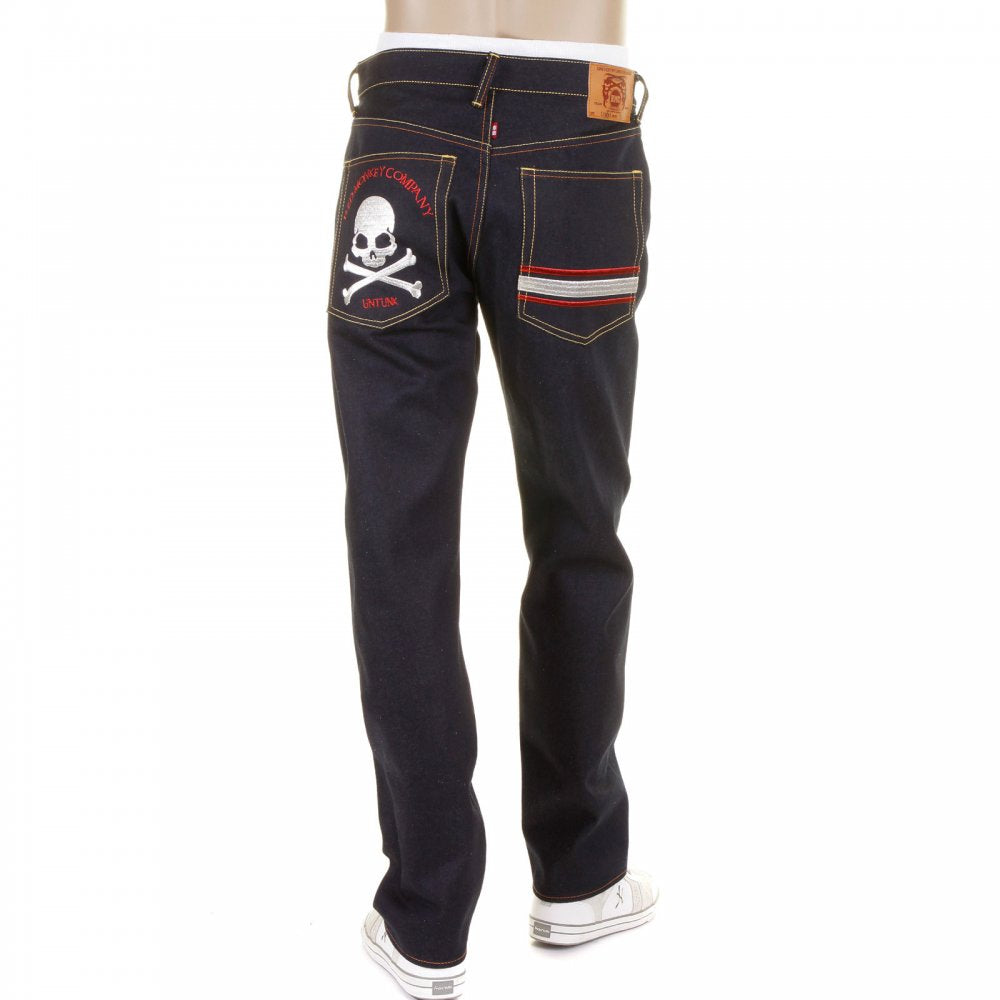 Mens Slim Cut Dark Indigo Raw Denim Jeans with Silver Skull and Crossbones