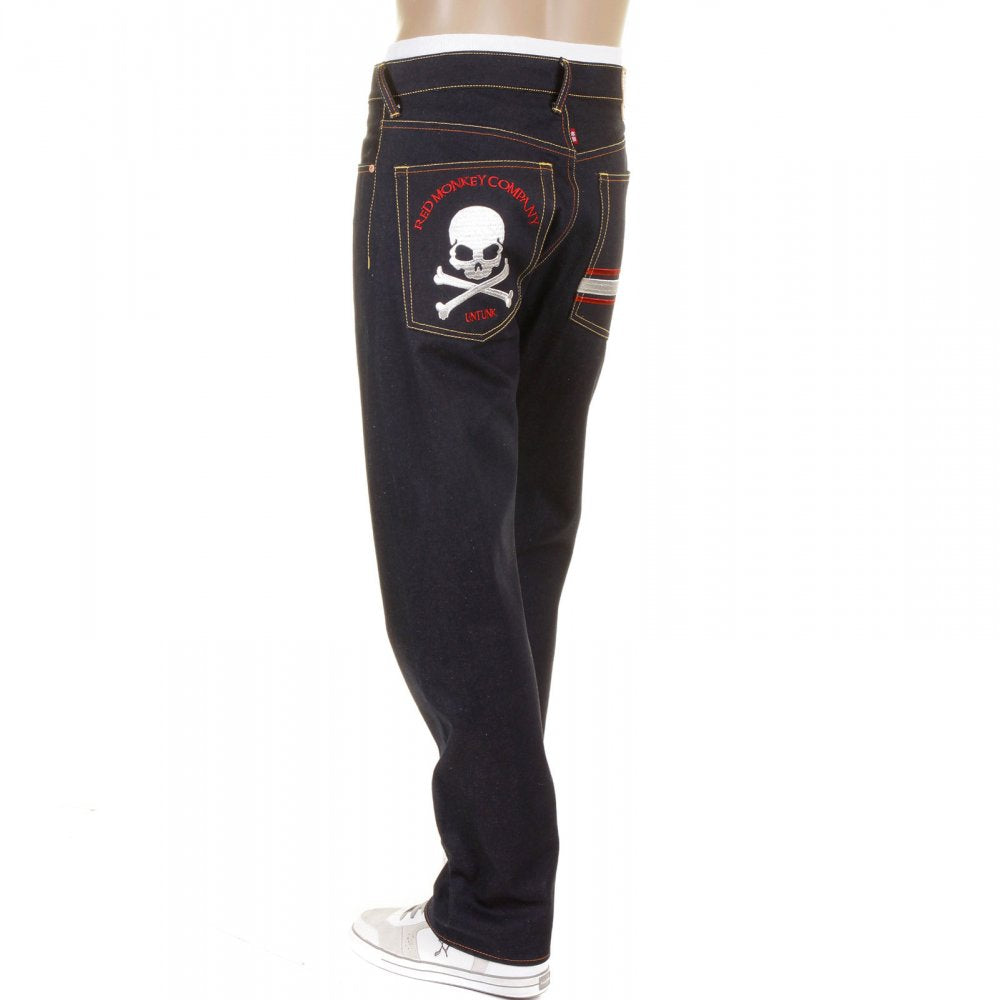 Mens Slim Cut Dark Indigo Raw Denim Jeans with Silver Skull and Crossbones