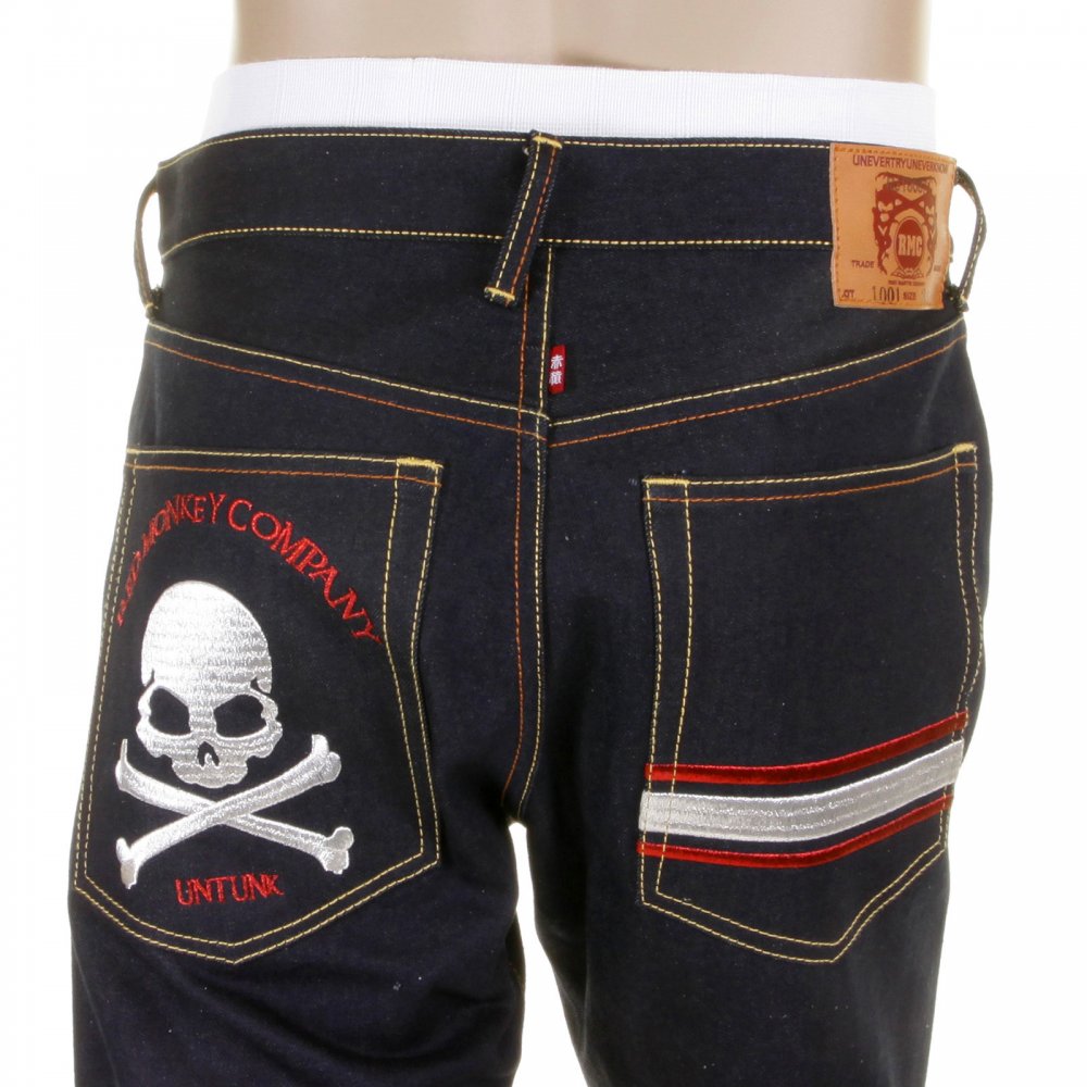Mens Slim Cut Dark Indigo Raw Denim Jeans with Silver Skull and Crossbones