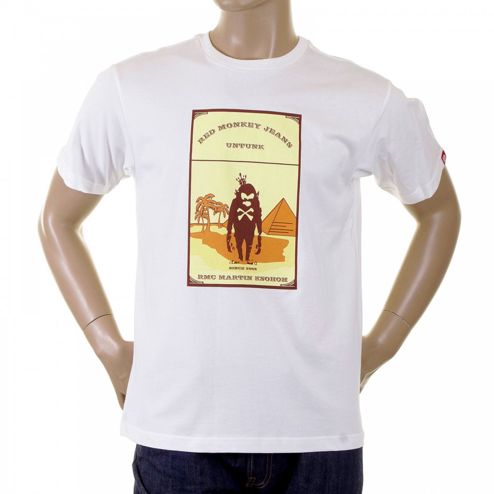 Mens White Crew Neck Regular Fit Short Sleeve T-shirt with Camel Cigarette Packet Style Print