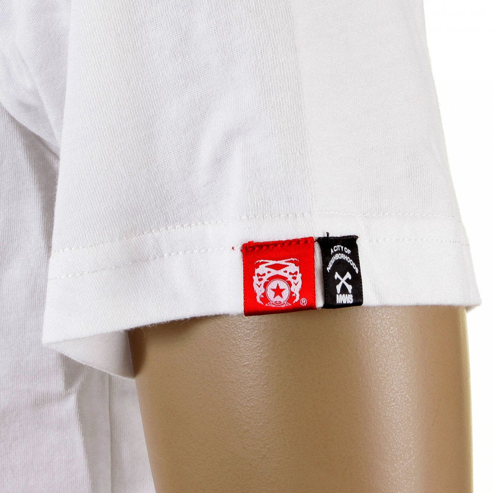 Mens White Crew Neck Regular Fit Short Sleeve T-shirt with Camel Cigarette Packet Style Print