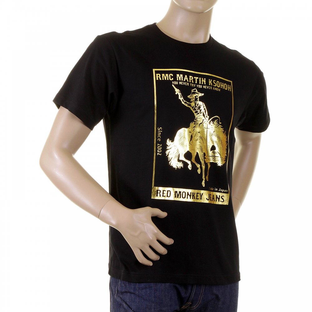 Mens Black Crew Neck Short Sleeve Regular Fit T-Shirt with Gold Foil Cowboy Rodeo Print