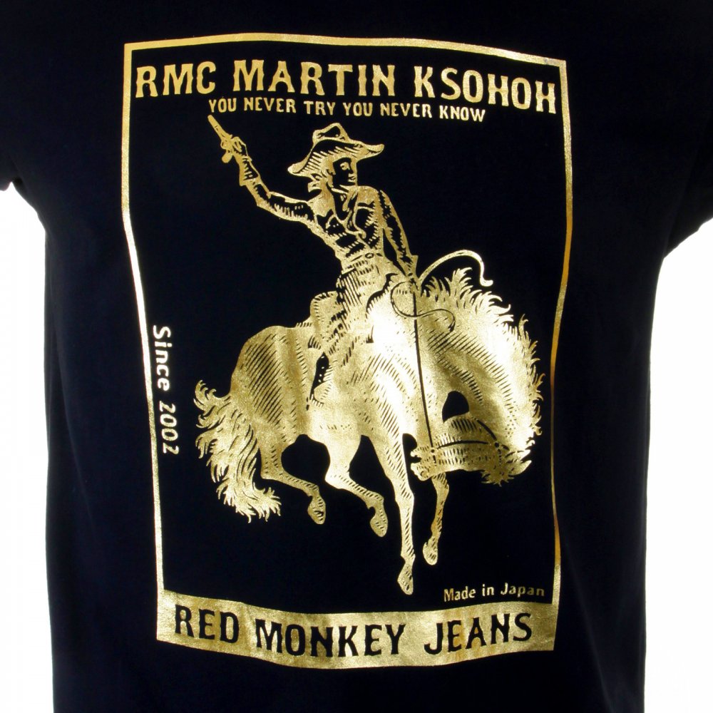 Mens Black Crew Neck Short Sleeve Regular Fit T-Shirt with Gold Foil Cowboy Rodeo Print