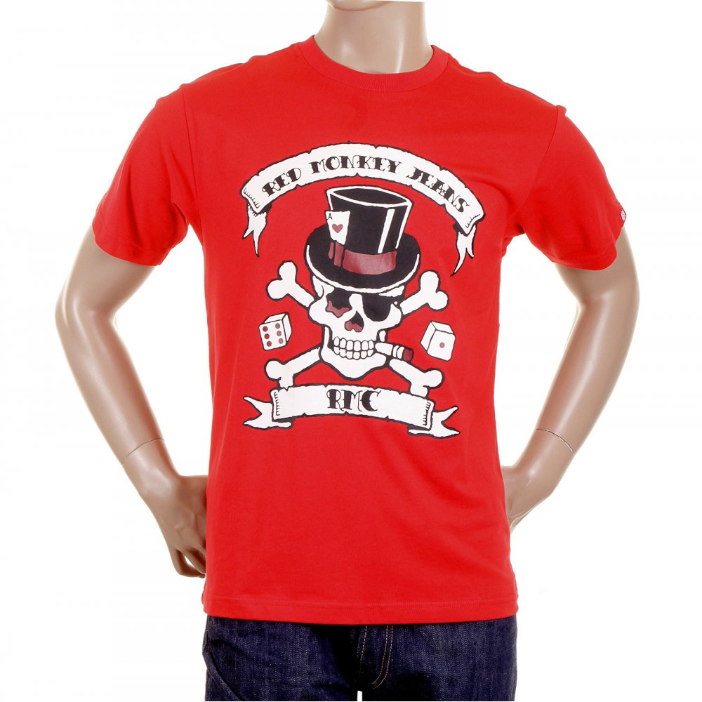 Mens Crew Neck Short sleeve Regular Fit T-shirt in Red with Smoking Skull