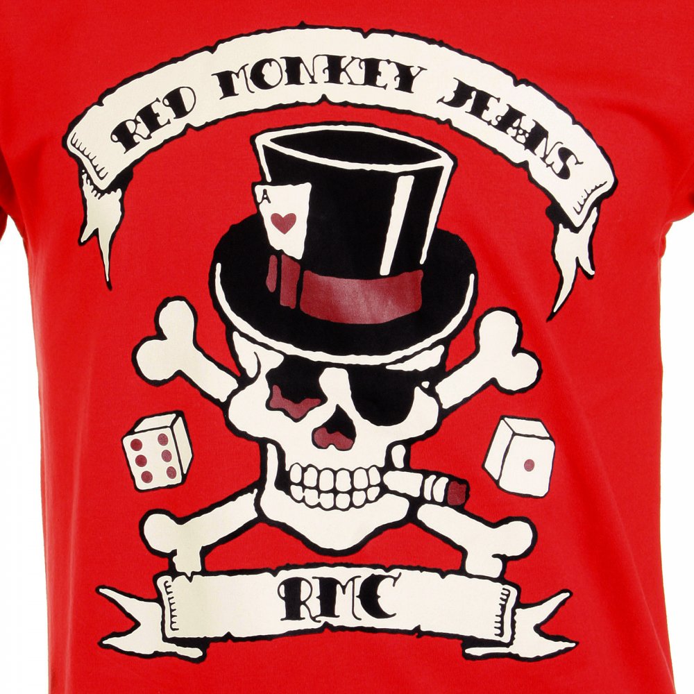 Mens Crew Neck Short sleeve Regular Fit T-shirt in Red with Smoking Skull