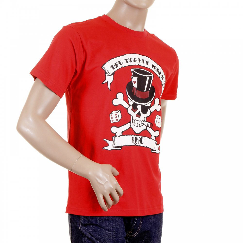 Mens Crew Neck Short sleeve Regular Fit T-shirt in Red with Smoking Skull