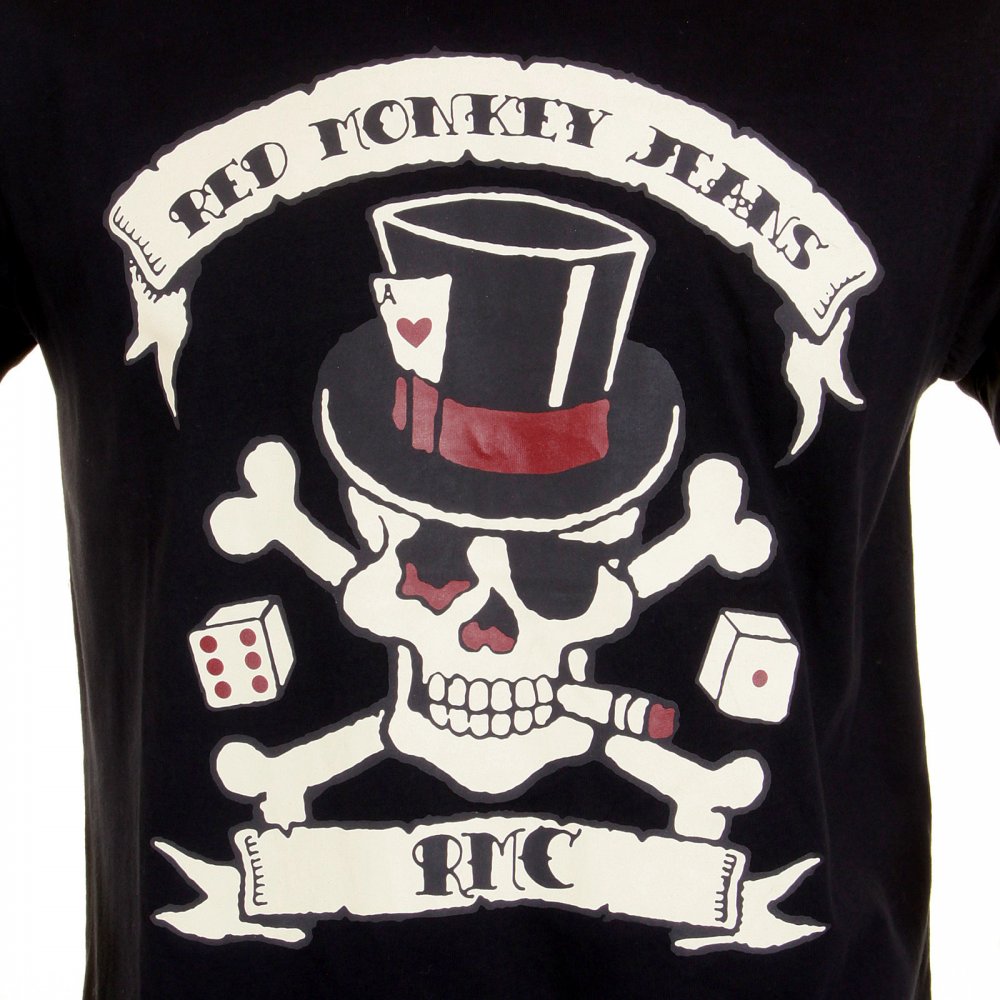 Mens Black Crew Neck Regular Fit Short Sleeve T-shirt with Smoking Skull