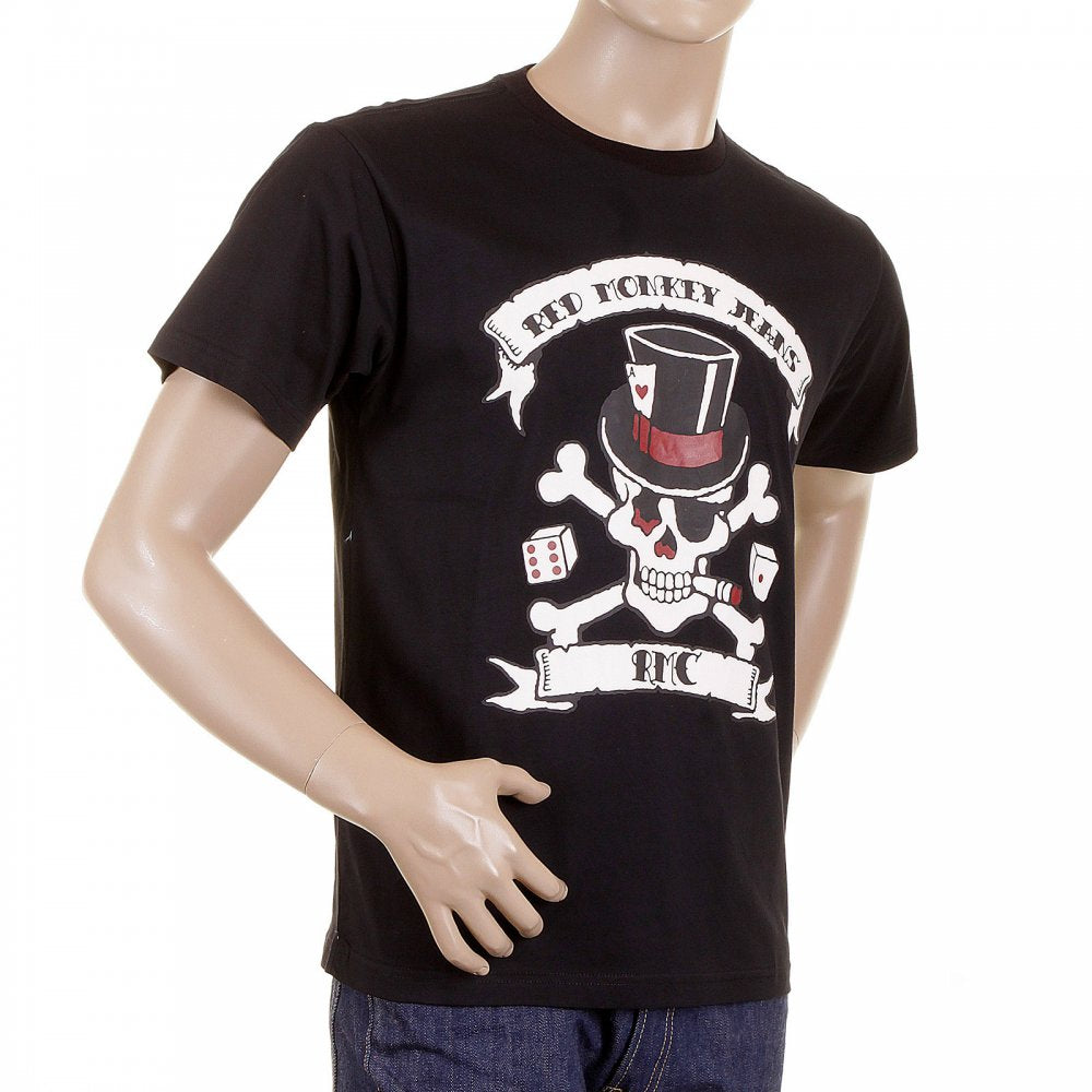 Mens Black Crew Neck Regular Fit Short Sleeve T-shirt with Smoking Skull