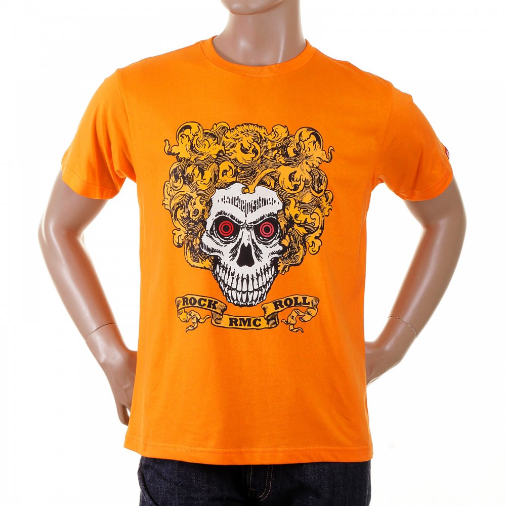 Orange Crew Neck Short Sleeve Regular Fit T-Shirt with Rock and Roll Skull Print