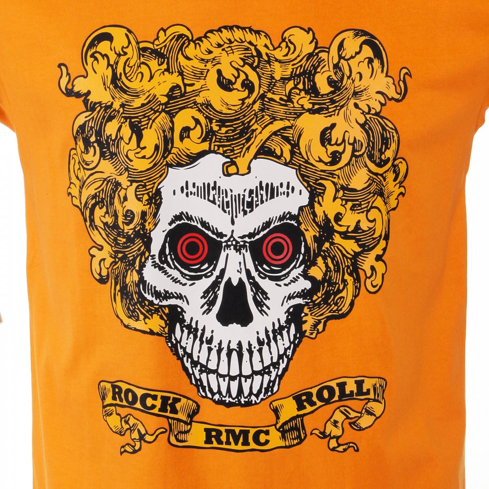 Orange Crew Neck Short Sleeve Regular Fit T-Shirt with Rock and Roll Skull Print