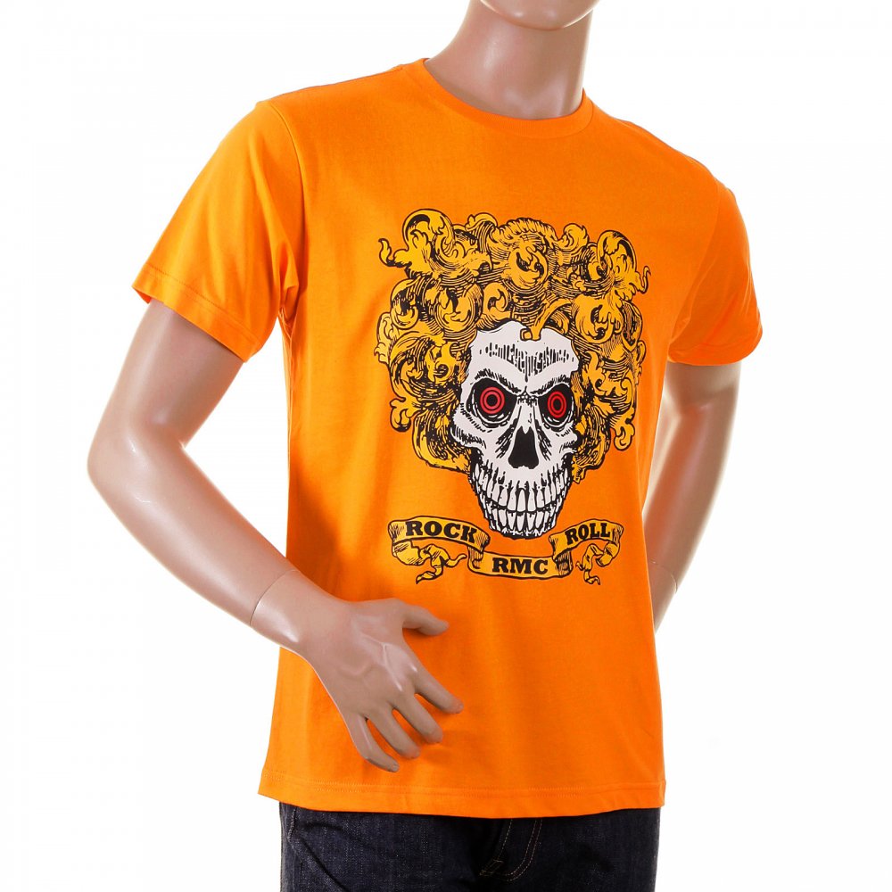 Orange Crew Neck Short Sleeve Regular Fit T-Shirt with Rock and Roll Skull Print