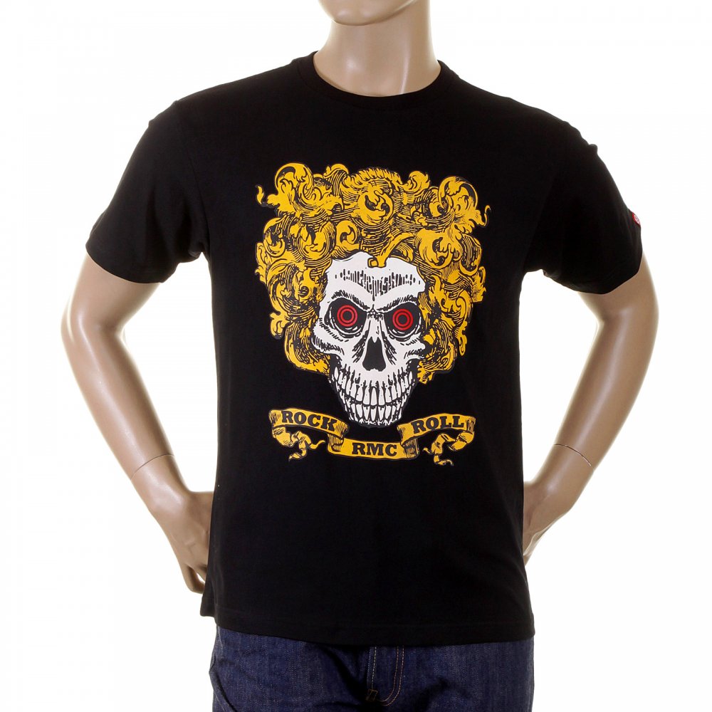 Black Crew Neck Short Sleeve Regular Fit T-Shirt with Large Rock and Roll Skull Print