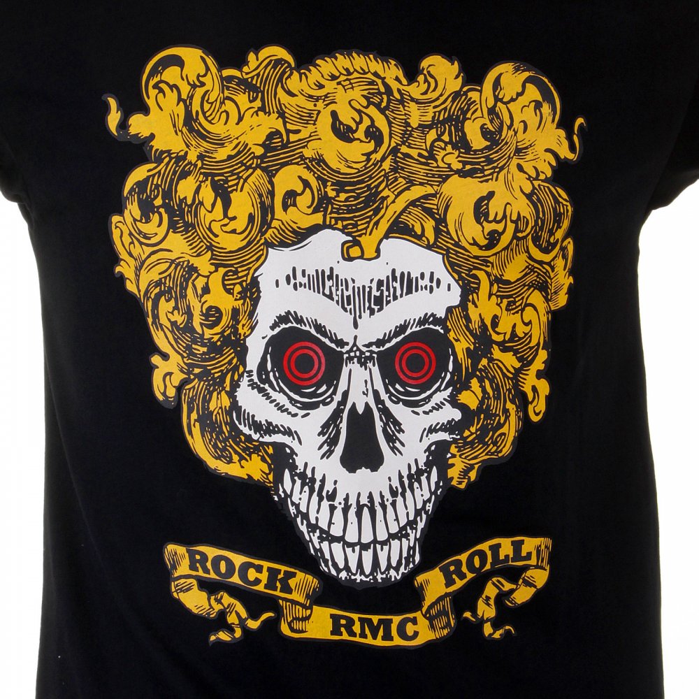 Black Crew Neck Short Sleeve Regular Fit T-Shirt with Large Rock and Roll Skull Print