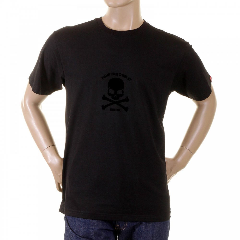 Black Crew Neck Short Sleeve Regular Fit T-shirt with Black Skull and Crossbones Flock Print